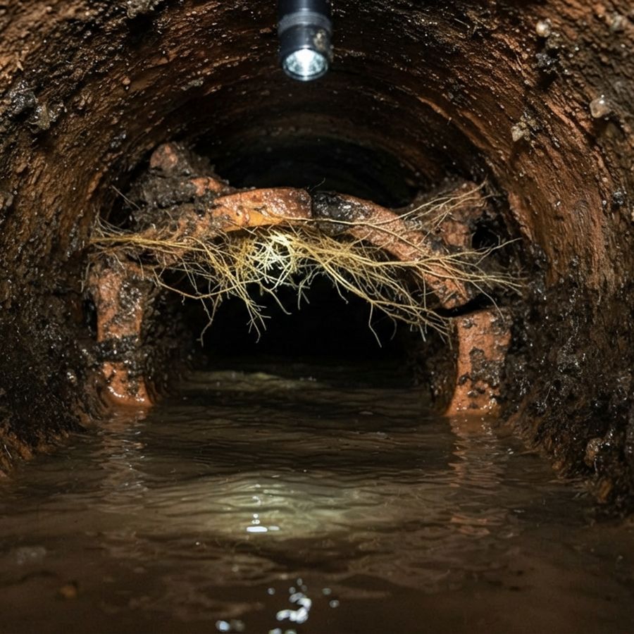 Root ingress at an open joint. Rodding clears the hole through it; the roots are back by spring.
